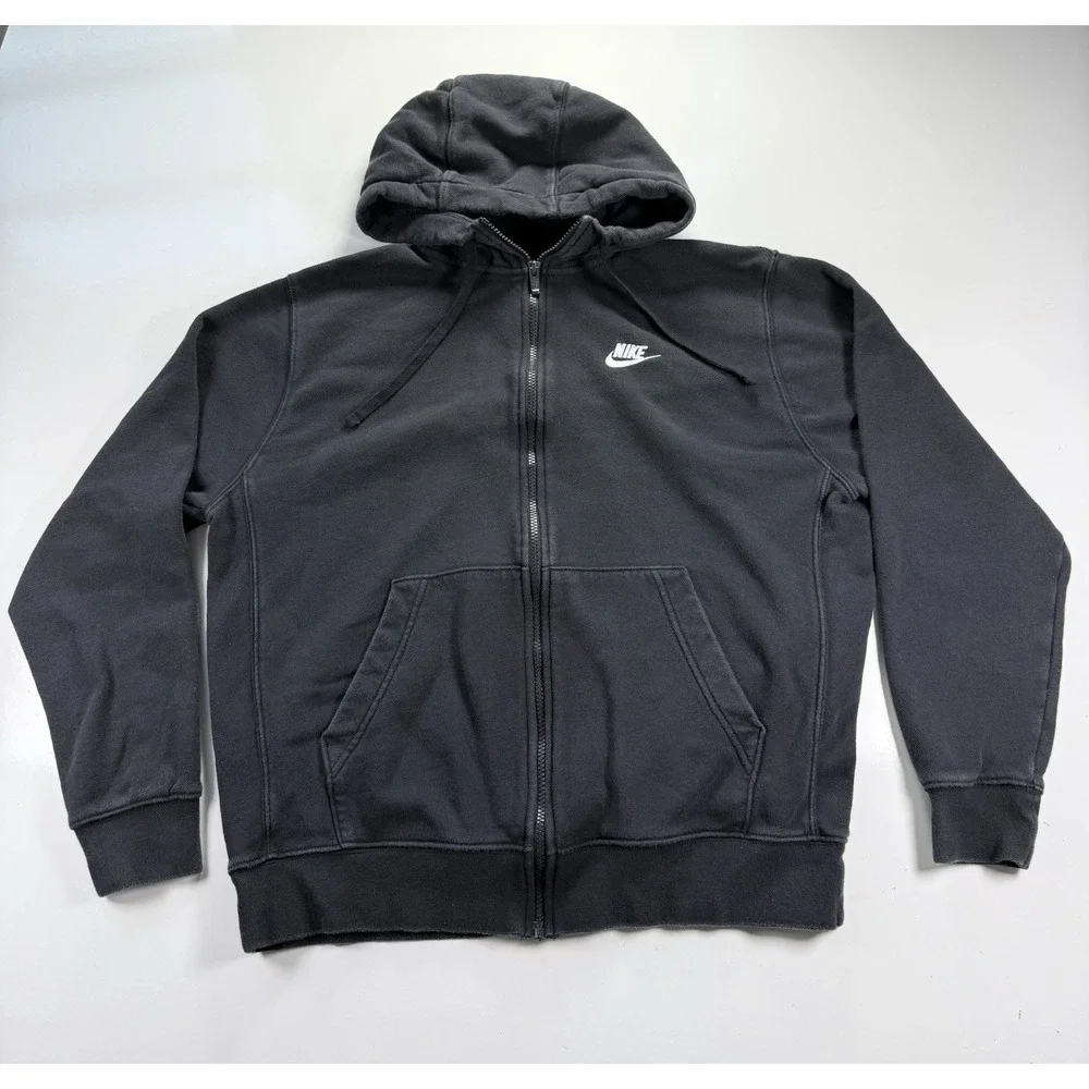 Nike Full Zip Hoodie Sweatshirt Mens L Black Embroidered Logo Y2K Heavyweight
